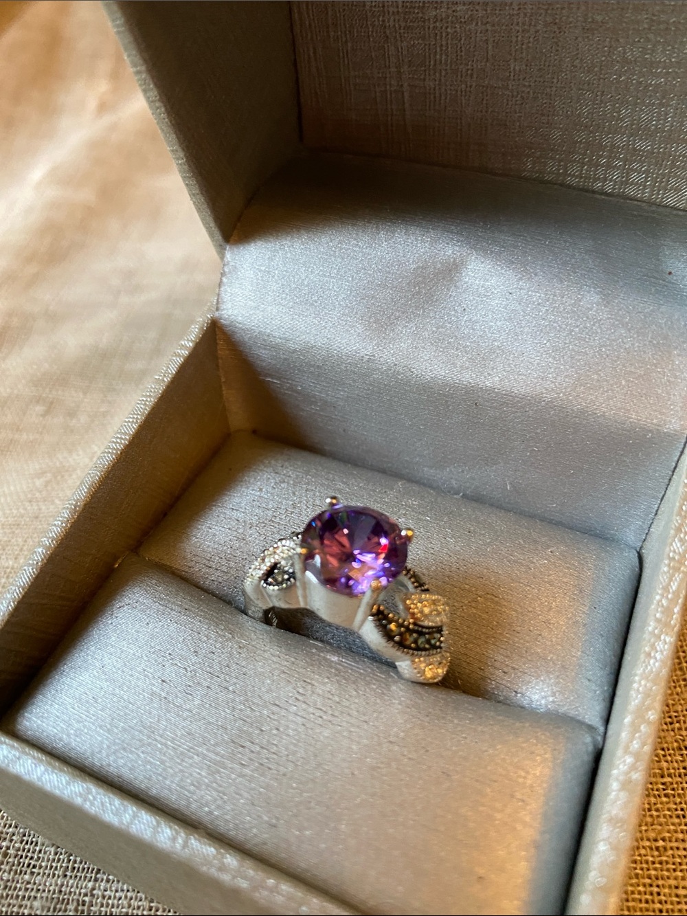 Purple Gemstone Ring intricate Marcasite Accents Silver-tone Ring Stamped THAI